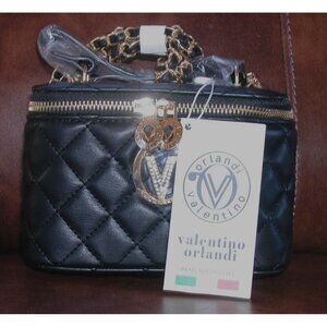Valentino Orlandi Black Quilted Leather Chain Crossbody Bag With Gold Accents -